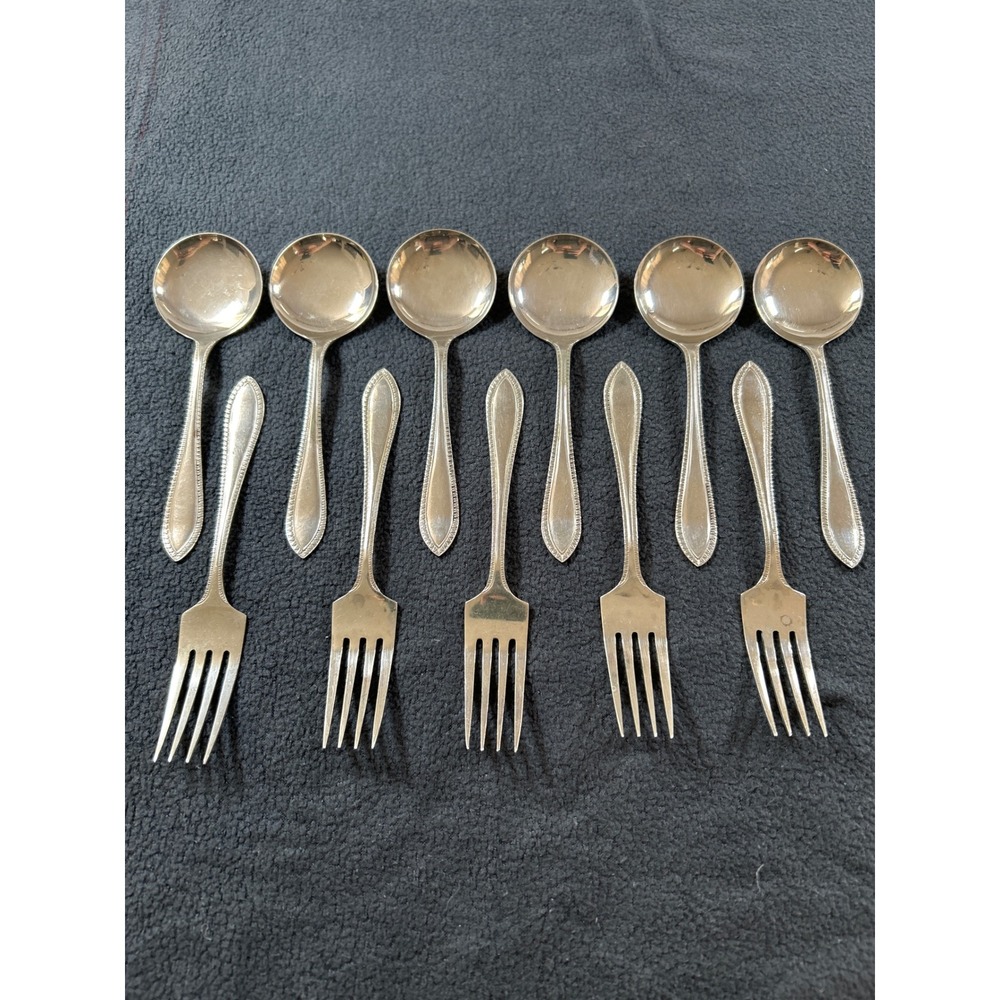Vintage Stainless Nickel Flatware Set 11pc Beaded Edge 6 Soup Spoons 5 Forks